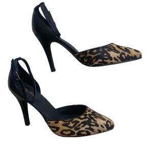 Brooks Brothers Leopard Calf Hair & Black Leather Ankle Strap Pumps Sz 7.5